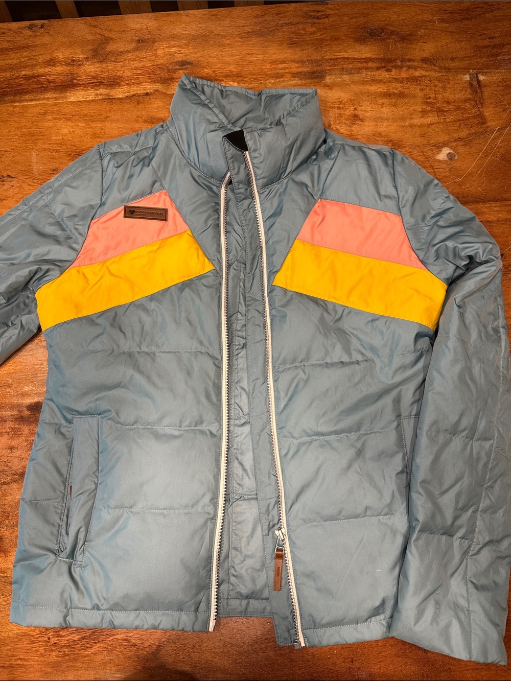 Obermeyer Light Blue Puffer Jacket with Pink and Yellow Panels